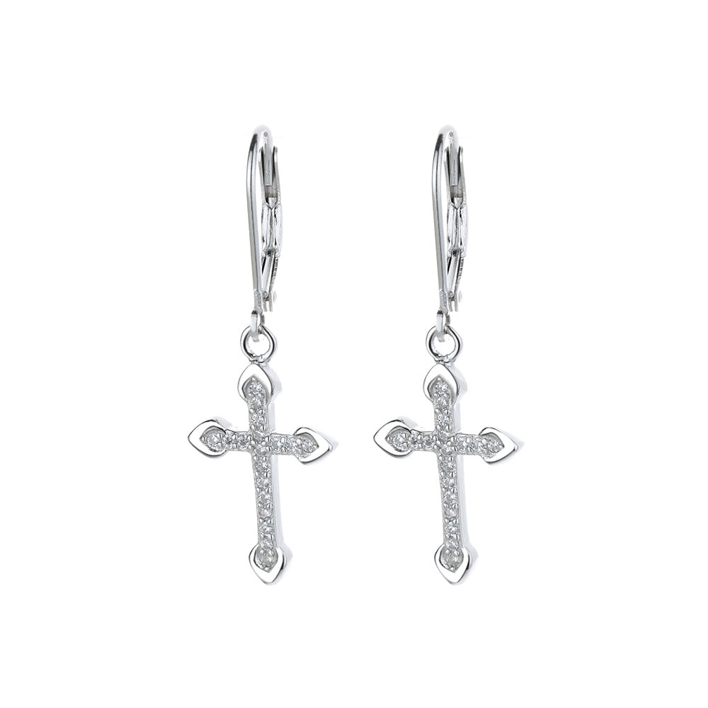 18K White Gold Leverback Cross Earrings - Gallery 3