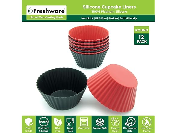 Freshware Cupcake Silicone Liners, Pack of 12