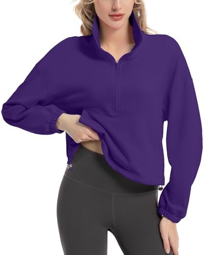 FKEEP Quarter Zip Pullover Women Cropped Sweatshirt Long Sleeve Crop Top Stand Collar Drawstring Casual Pullover zPurple L