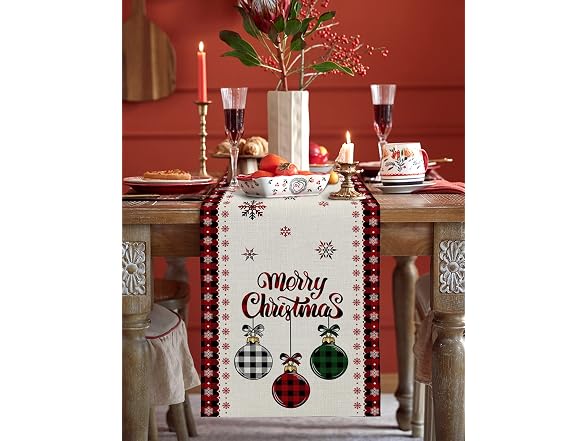 Christmas Table Runner 72 Inch Xmas Ball Buffalo Plaid