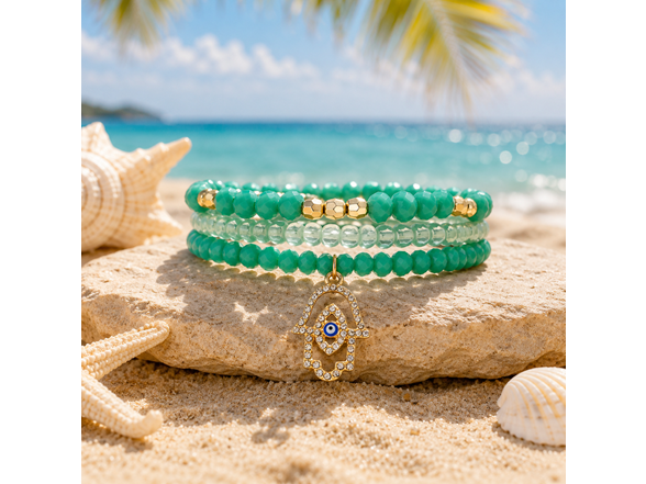 Stretch Beaded Bracelet Stack with Hamsa Charm