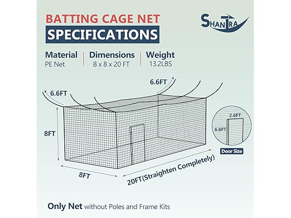 SHANTRA Batting Cage Netting - 55'L/35'L/20'L, Enclosed Baseball & Softball Cage with Door, PE Hitting Nets for Backyard