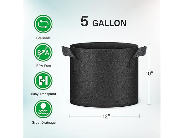 YSSOA YSSOA 5 Pack 5 Gallon Grow Bags, Aeratio