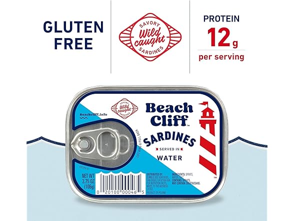 12PK Beach Cliff Sardines in Water, 3.75 oz Can