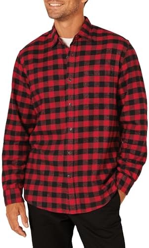 Amazon Essentials Men's Long-Sleeve Flannel Shirt (Available in Big & Tall), Black Red Buffalo Plaid, X-Small