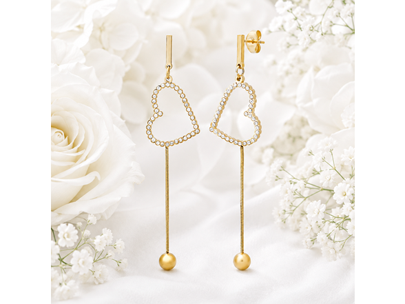 18K Gold CZ Heart Drop Earrings
