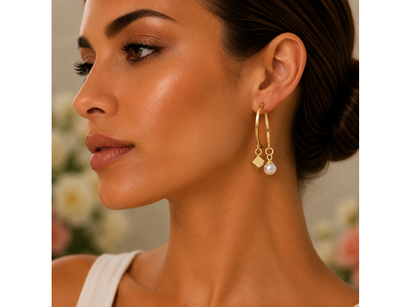 18K Gold Pearl Hoop Drop Earrings
