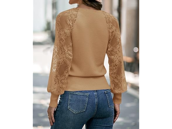 Zcsia Women (S) Long Sleeve V Neck Lace Solid Tops