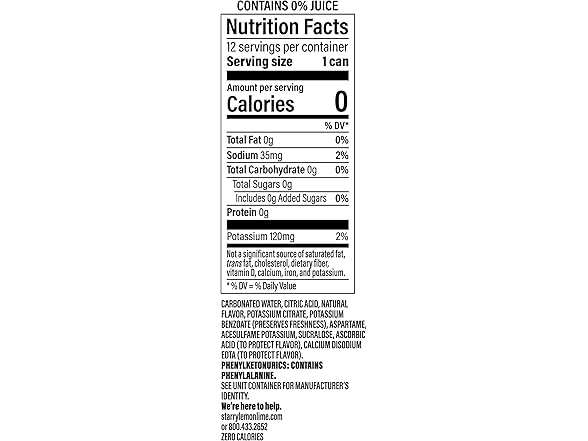 12PK Starry Zero Sugar Lemon Lime Soda, 12 Fl Oz Cans