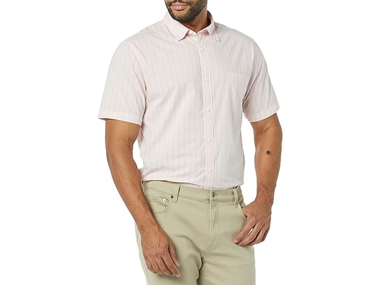 Amazon Essentials Men's Slim-Fit Short-Sleeve Poplin Shirt, Beige Pink Double Stripe, Large