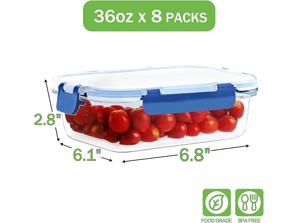 HOMBERKING 8pk 36oz Deep Blue Glass Food Containers
