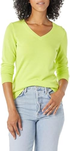 Amazon Essentials Women's Classic-Fit Lightweight Long-Sleeve V-Neck Sweater, Neon Yellow, Large