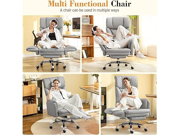 Big and Tall Office Chair, 400LBS Wide Leather Gaming Chair, High Back Executive Chair, Reversible Armrest for Pets 135° Reclining Cross Legged Desk Chair with Lumbar Support Footrest(Silver Gray) (Open Box)