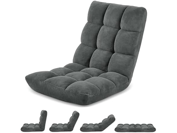 Murago Folding Floor Chair with Back Support for Adults, Adjustable Japanese Meditation; Portable Gaming Chair Recliner Seat with Comfy Cushion, for Teens, Dark Grey (Open Box)