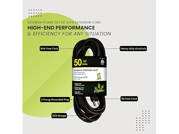 Outdoor Extension Cord, Black, 50 ft