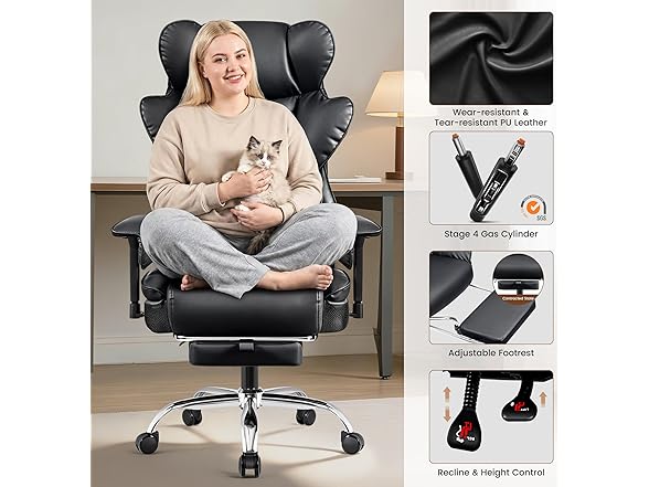 BESTFAIR Big and Tall Office Chair - Heavy Duty 400 LBS Executive Chair with Lumbar Support & Foot Rest, High Back Ergonomic Desk Chair, Padded Wide Seat Gaming Chair, Adjustable Armrests, Black (Open Box)