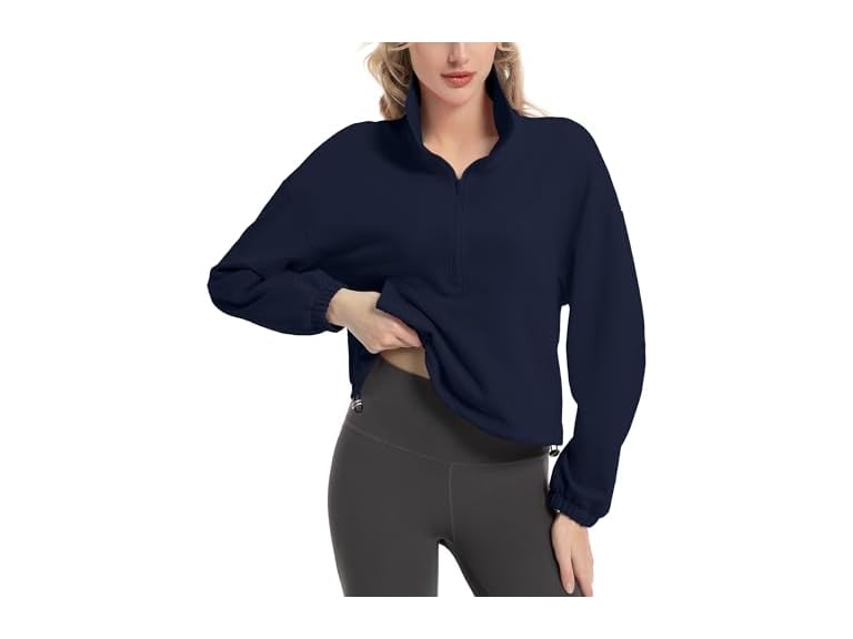FKEEP Quarter Zip Pullover Women Cropped Sweatshirt Long Sleeve Crop Top Stand Collar Drawstring Casual Pullover Navy