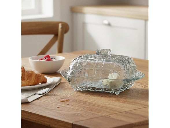 Creative Co-Op Pressed Glass Butter Dish with Grid Pattern