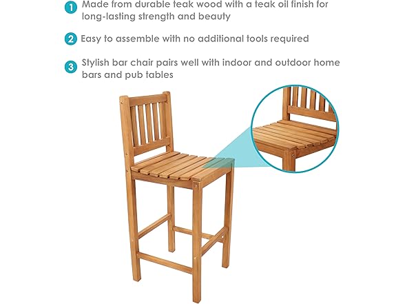 Sunnydaze Solid Teak Wood Outdoor Bar Chair