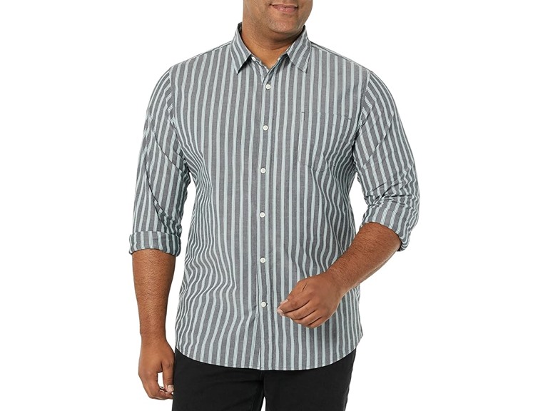 Amazon Essentials Men's Long-Sleeve Slim-Fit Stretch Poplin Shirt, Navy Stripe, Large
