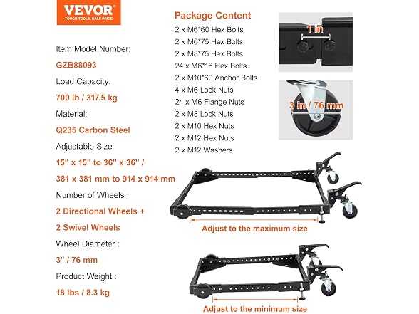 Mobile Base, 700 lbs Weight Capacity, Adjustable