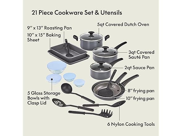 BELLA Nonstick Cookware Set w Glass Lids - Aluminum