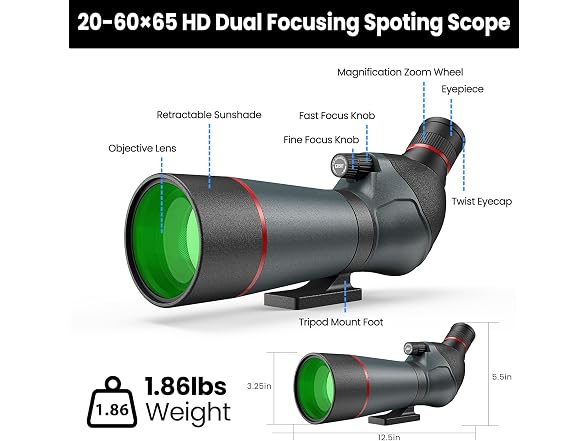 Gosky 20-60x65 Spotting Scope w/ Full Size Tripood