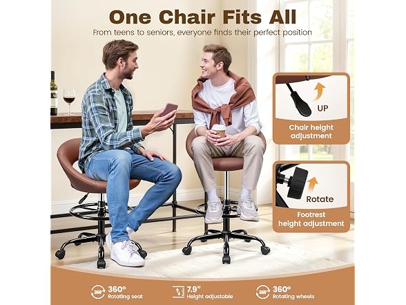 Drafting Chair with Back, Height Adjustable Rolling Stool with Foot Rest, Tall 360° Swivel Stool PU Leather Chair with Wheels for Home Office, Standing Desk, Brown (Open Box) - Gallery 6