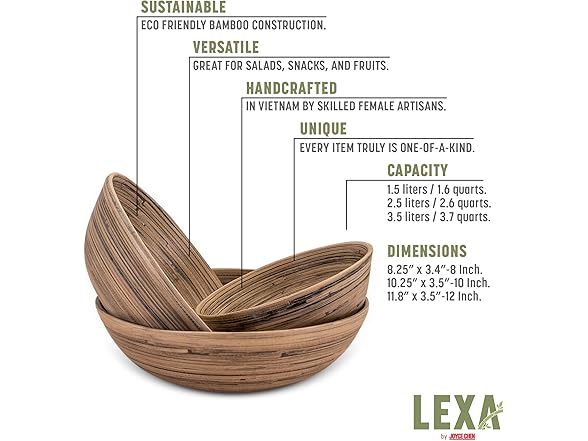 LEXA Bamboo 3-Piece Bowl Set – 12, 10 & 8 Inch