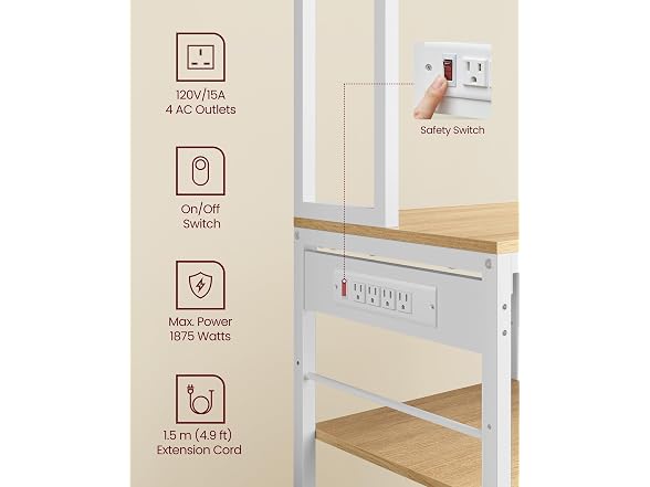 VASAGLE Bakers Rack with Charging Station, Coffee Bar, 12 Hooks