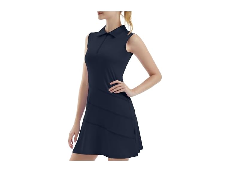 FKEEP Women's Tennis Golf Dresses Zipper V-Neck Sport Activewear with Shorts and Pocket Workout Athletic (Midnight Blue, L)