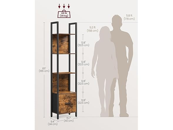 VASAGLE 5-Tier Bookshelf, Book Shelf with Drawer
