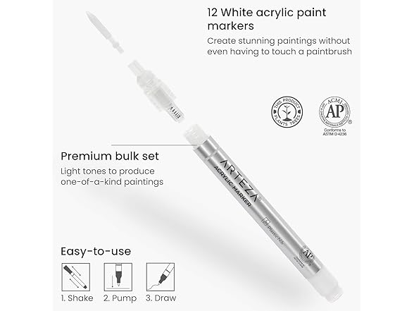ARTEZA Acrylic Paint Markers, Set of 12 White
