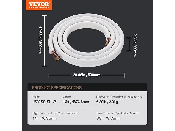 16FT Mini Split Line Set, 3/8" & 5/8" O.D Copper
