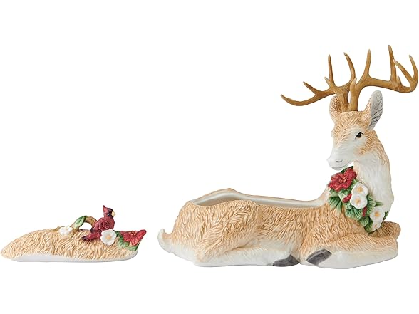 Fitz and Floyd Poinsettia Holiday Deer Figurine Cookie Jar