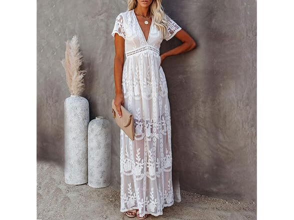 Huntarry Women (L) Lace V Neck Tulle Lace Dress