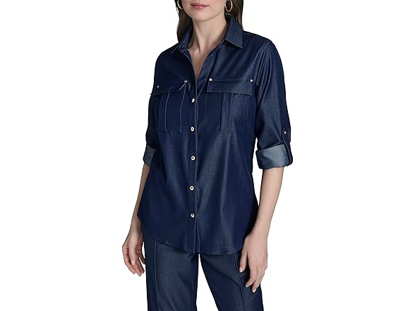 Halston Women (XS) Roll-tab Sleeve Denim-like Top