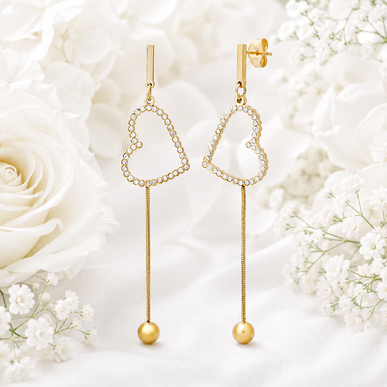 18K Gold CZ Heart Drop Earrings - Gallery 5