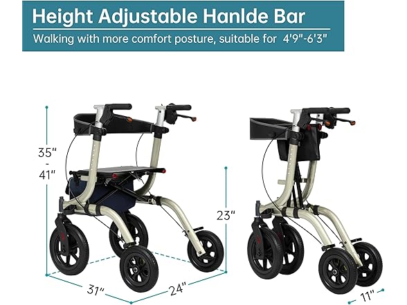 ELENKER All-Terrain Rollator Walker with Seat, Outdoor Rolling Walker, 12” Non-Pneumatic Tire Front Wheels, Compact Folding Design for Seniors, Champagne (Open Box)