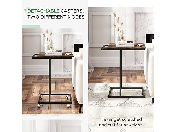Novilla End Table, C-Shaped Side Table w Rolling Casters