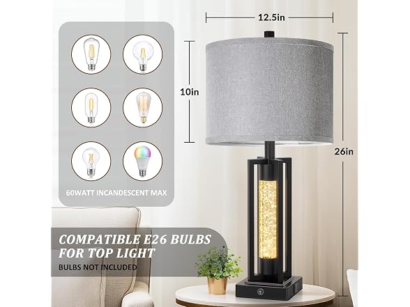 26’’ Farmhouse Table Lamps with Crystal Night Light Set of 2 Black