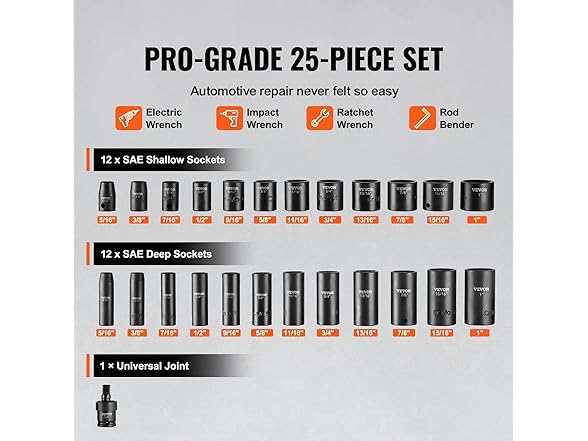 VEVOR 3/8" Drive Impact 25 Piece Deep & Shallow Socket Set SAE