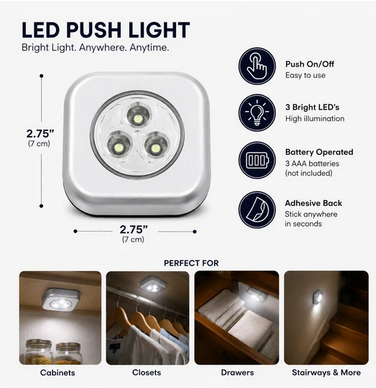 6-Pack Small Sq LED Push Light Night Adhesive Battery Operated - Gallery 4