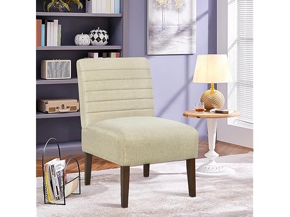 Lewahom Slipper Accent Chair Modern Armless Lounge Chair with Wood Legs Upholstered Makeup Vanity Tufted Side Chair Fabric Comfy with Decor Back for Living Room Bedroom Patio (Horizontal Back, Beige) (Open Box)