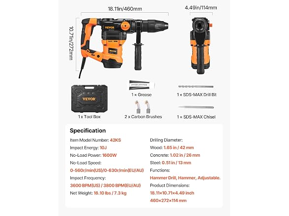 1-9/16 Inch SDS-Max Rotary Hammer Drill, 13Amp