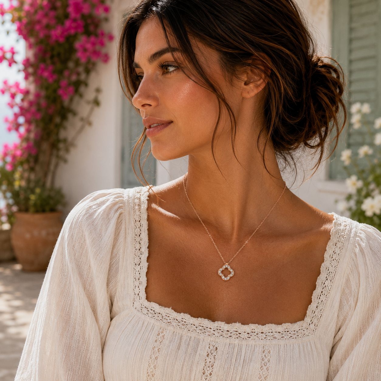 18K Gold Open Clover CZ Necklace - Gallery 5