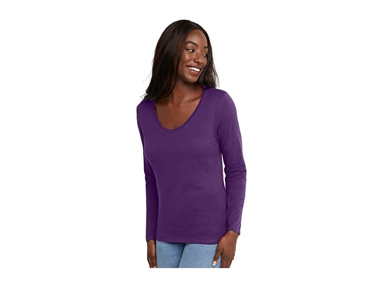 Hanes Womens Cotton VNeck LS Tee (2XL) Violet