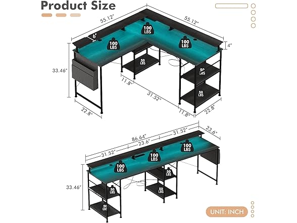 wOod-it Gaming Desk with LED Lights, 55"
