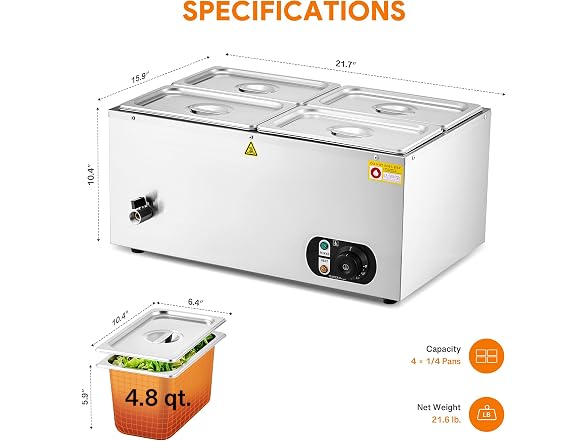 WILPREP Four 1/4 Pans Commercial Food Warmer