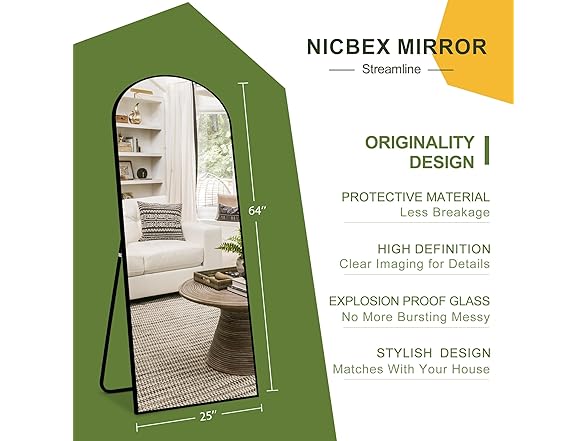 NicBex Arched Full Length Mirror, 64"x24"